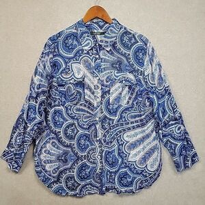 LAUREN RALPH LAUREN Button Up Shirt Cotton Silk Women's 3X Floral Paisley Blue
